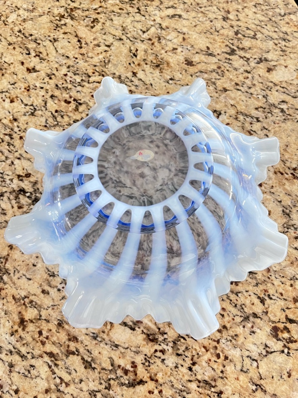Vintage Fenton Provincial Blue Rib Optic Opalescent Bride’s Bowl Double Ruffle - Picture 5 of 11
